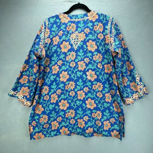 Amaya Textiles Top‎ Womens 42 M/L Blue Pullover Floral Embroidered Thin Cotton - Picture 5 of 15